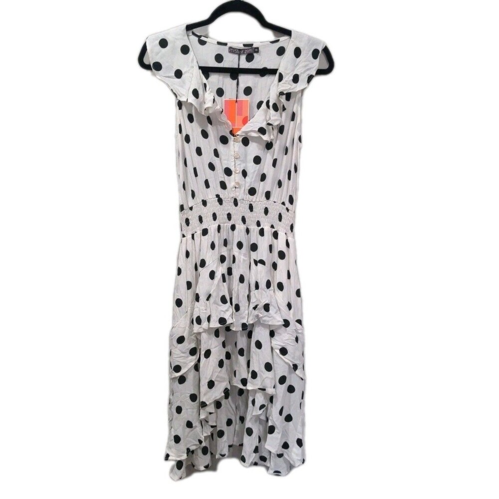 NWT Mister Zimi Womens Rosa Polka Dot Dress Size 8 Sleeveless Ruffle White Black